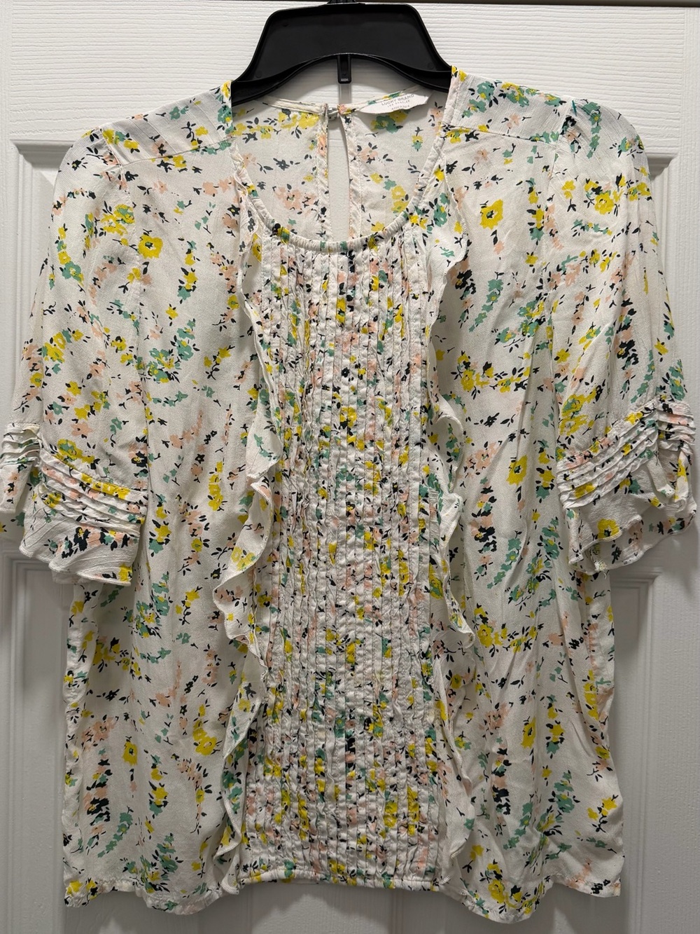 Lucky Brand White Floral Ruffle Pintuck Blouse